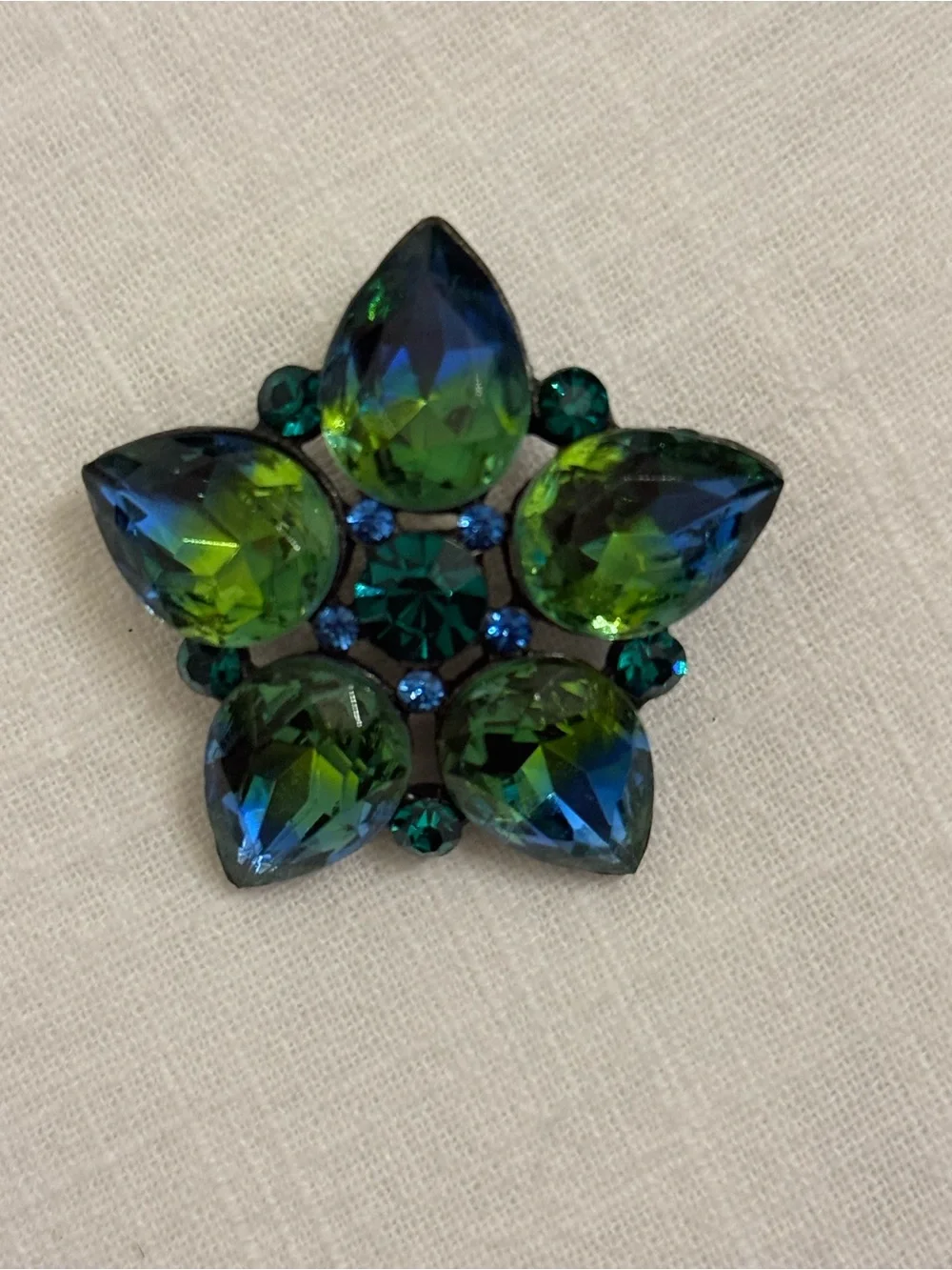 VTG Mid Century Vitrail Green Blue Rhinestone Flower Brooch